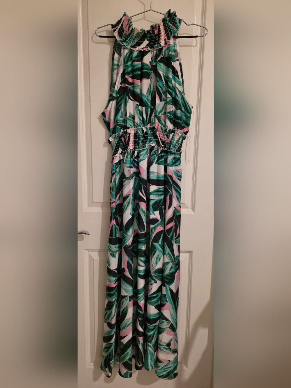Green & Pink Tropical Print Maxi Dress with Smocked Waist